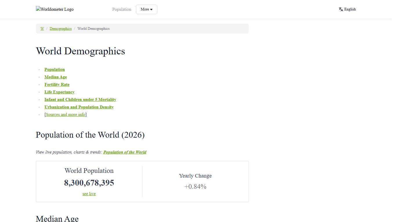 World Demographics 2026 (Population, Age, Sex, Trends) - Worldometer